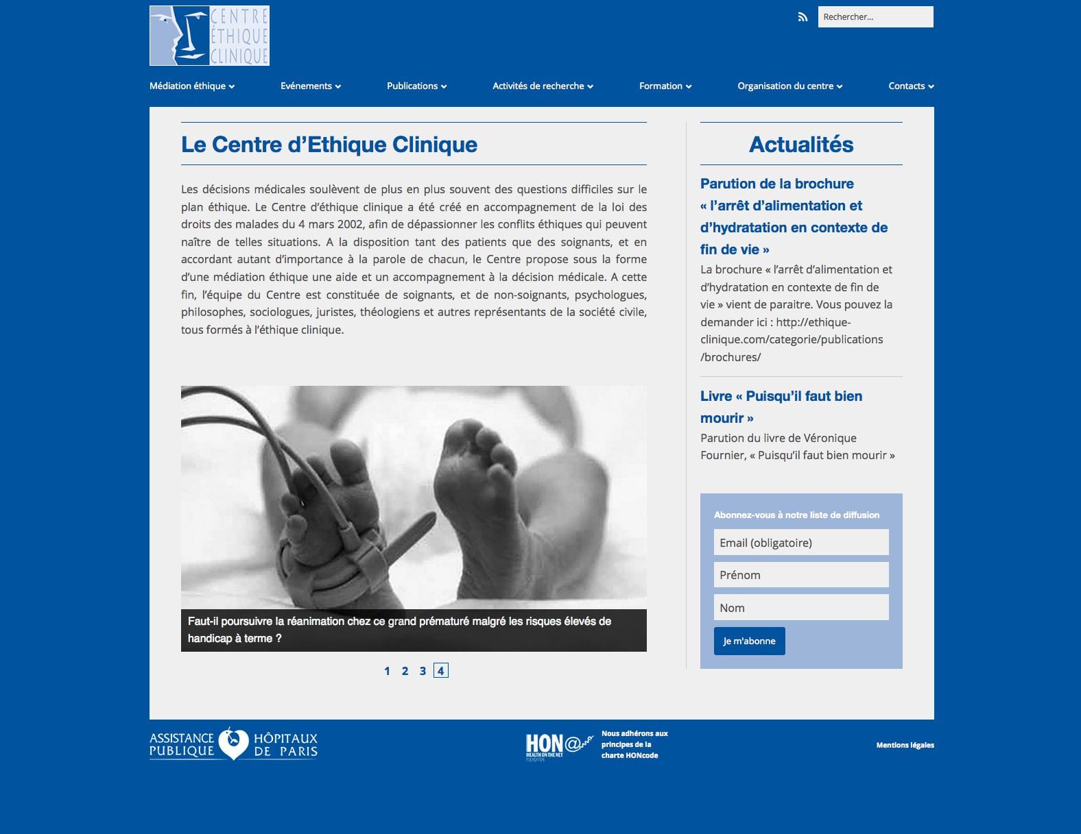 Page d'accueil du site du Centre d'Ethique Clinique